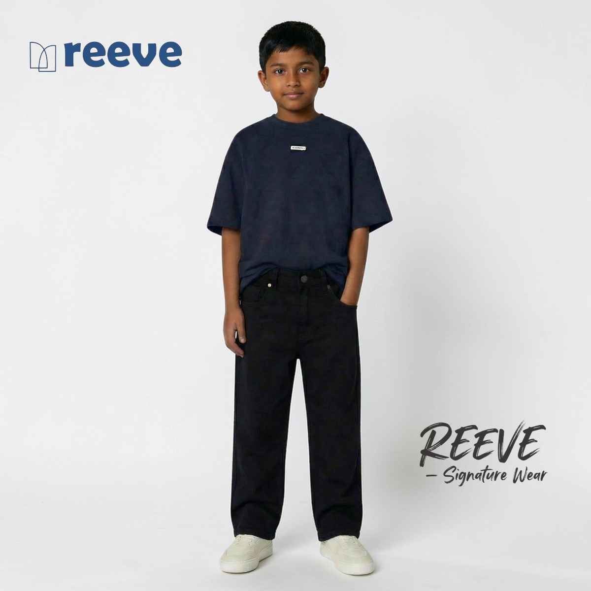 Kids' Premium Baggy Denim Pants (Age 2-8 Years) - Solid Black | Adjustable Waist