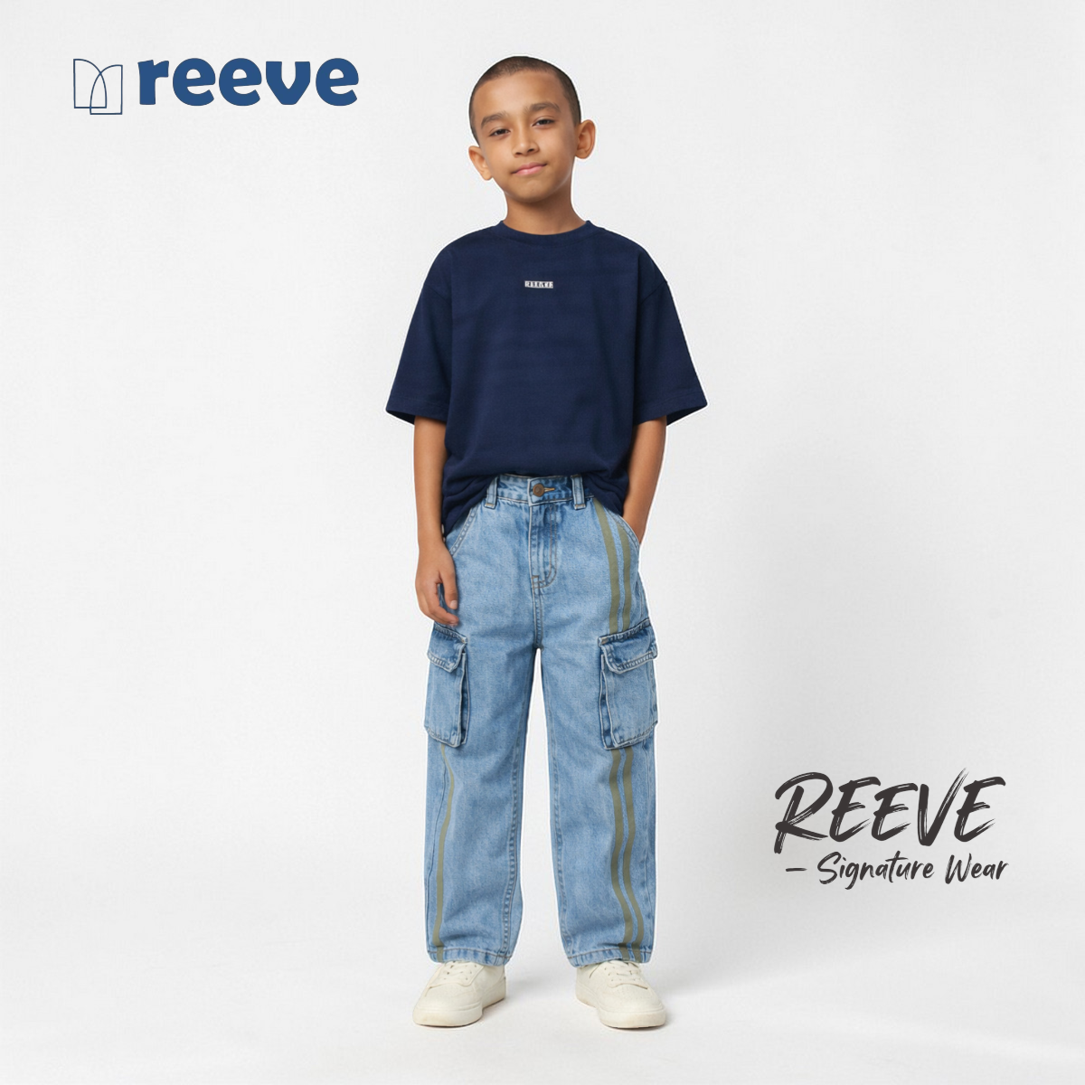 Kids Unisex Baggy Denim Cargo Pants - REEVE Signature