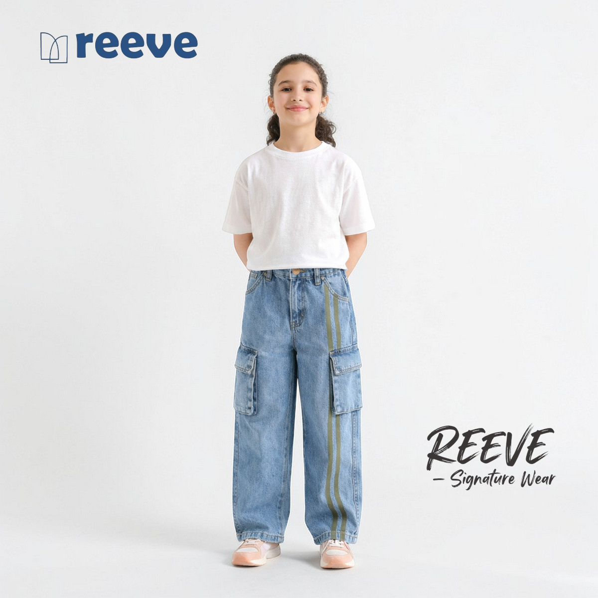 Kids Unisex Baggy Denim Cargo Pants - REEVE Signature