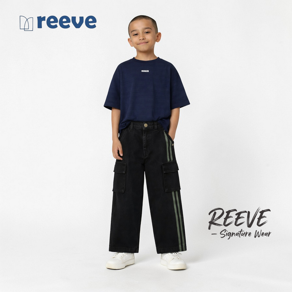 Kids Unisex Baggy Denim Cargo Pants - REEVE Signature