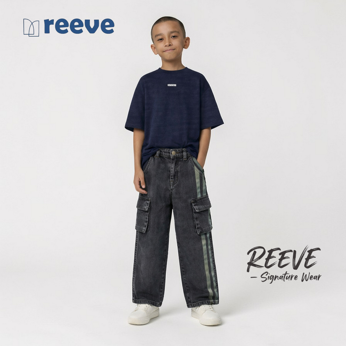 Kids Unisex Baggy Denim Cargo Pants - REEVE Signature