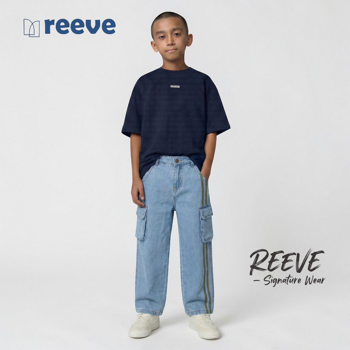 Kids Unisex Baggy Denim Cargo Pants - REEVE Signature
